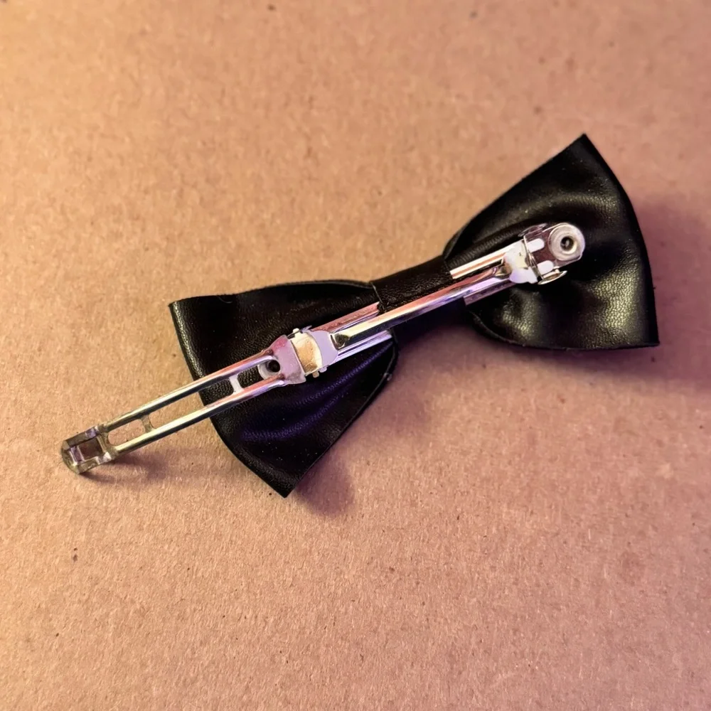 🌟FREE🌟 French Barrette Black Leather Bow Hair Clip Snap Accent Girls Y2K Retro